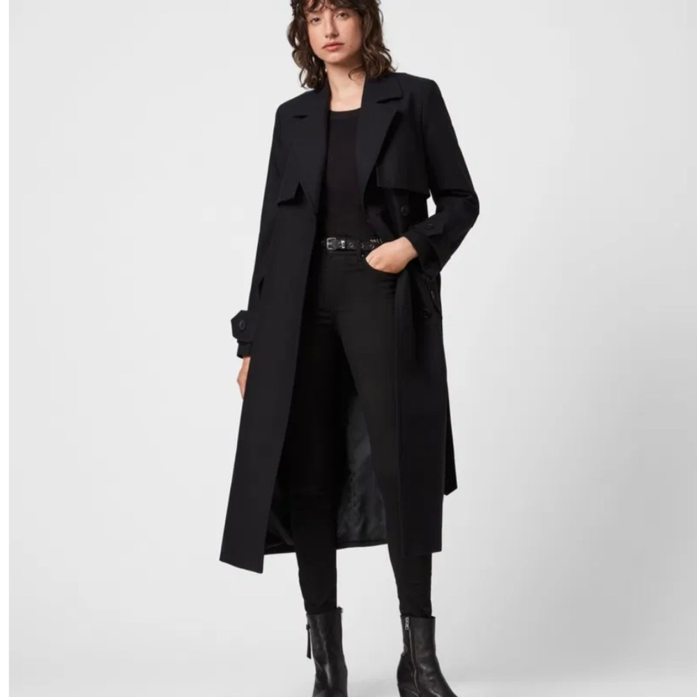 Sage Black Long Trench Coat with Belt - Picture 3 of 13